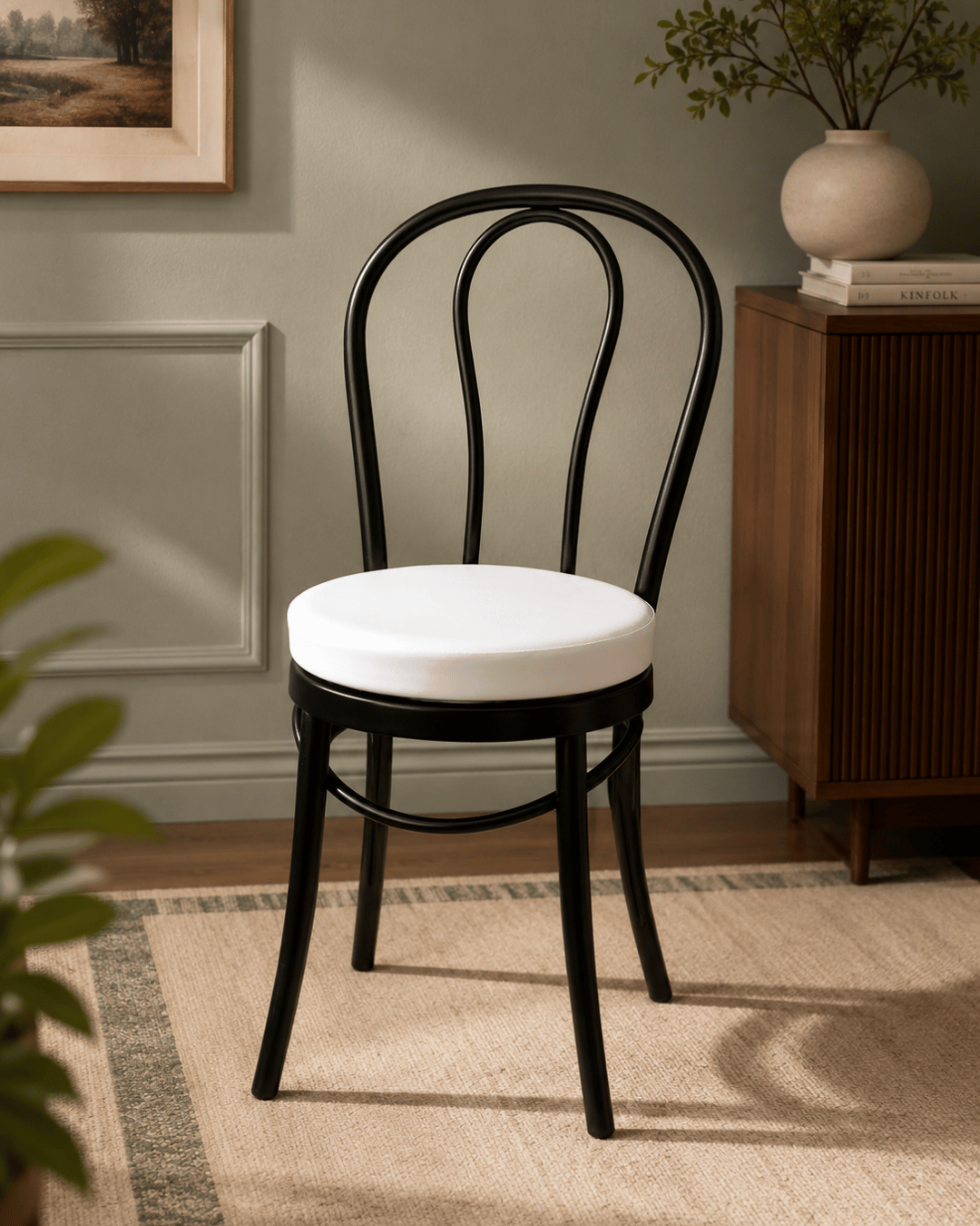 Black Bentwood Dining Chair with White Cushioned Seat