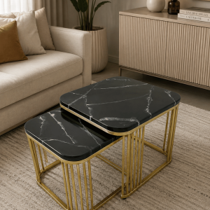 Modern Black Marble & Copper Nesting Coffee Table Set