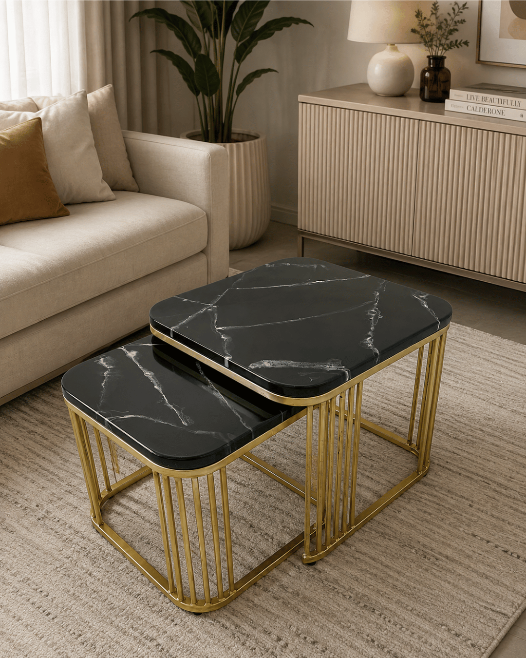 Modern Black Marble & Copper Nesting Coffee Table Set