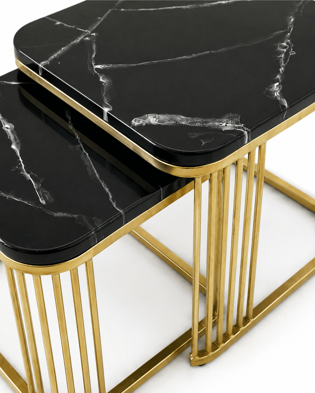 Modern Black Marble & Copper Nesting Coffee Table Set - Image 2