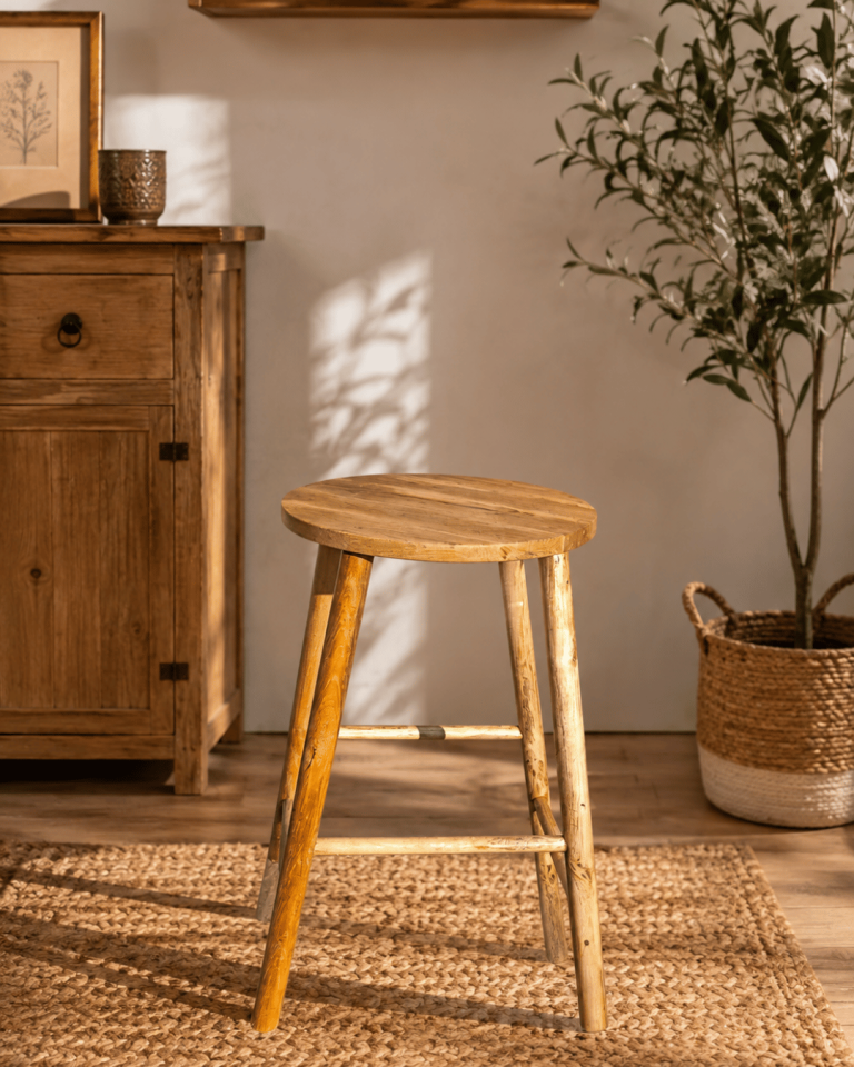 Rustic Wooden Bar Stool with Round Seat