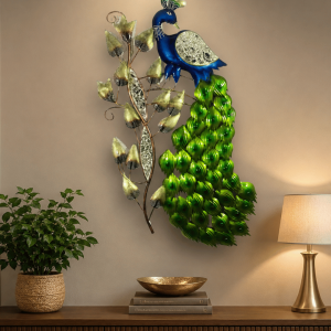 Peacock Metal Wall Art with Mirror Leaves - Handcrafted Iron Wall Decor