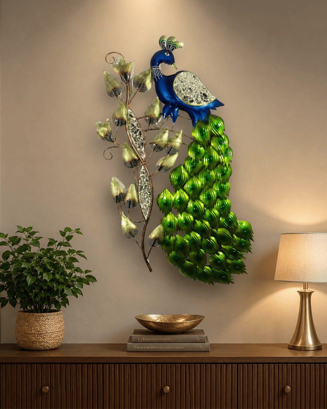 Peacock Metal Wall Art with Mirror Leaves - Handcrafted Iron Wall Decor