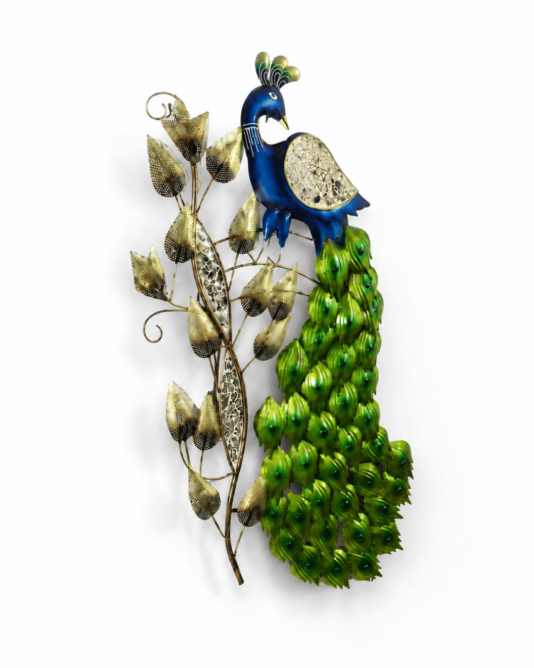 Peacock Metal Wall Art with Mirror Leaves - Handcrafted Iron Wall Decor - Image 2