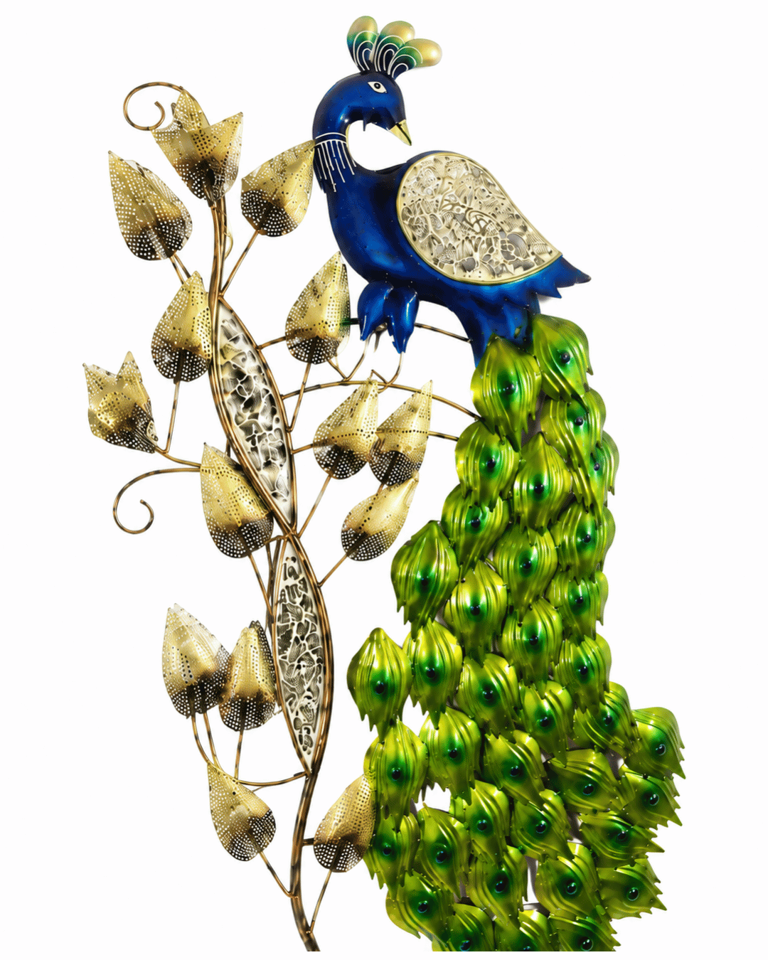 Peacock Metal Wall Art with Mirror Leaves - Handcrafted Iron Wall Decor - Image 3