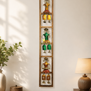 Rajasthani Musician Wind Chime Wall Panel - 3-Tier Handpainted Iron Wall Hanging