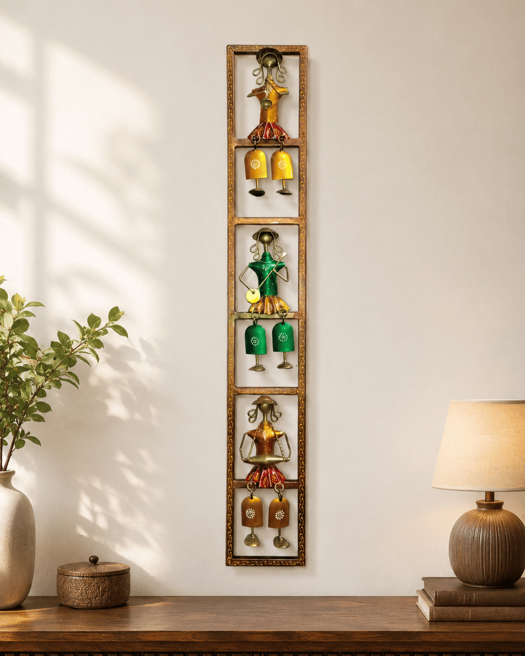Rajasthani Musician Wind Chime Wall Panel - 3-Tier Handpainted Iron Wall Hanging