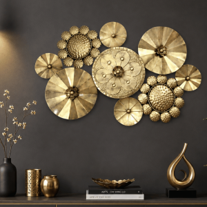 Golden Brass Floral Disc Wall Art - Metal Sculpture Wall Decor Set