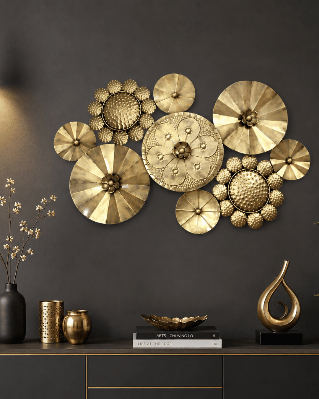 Golden Brass Floral Disc Wall Art - Metal Sculpture Wall Decor Set