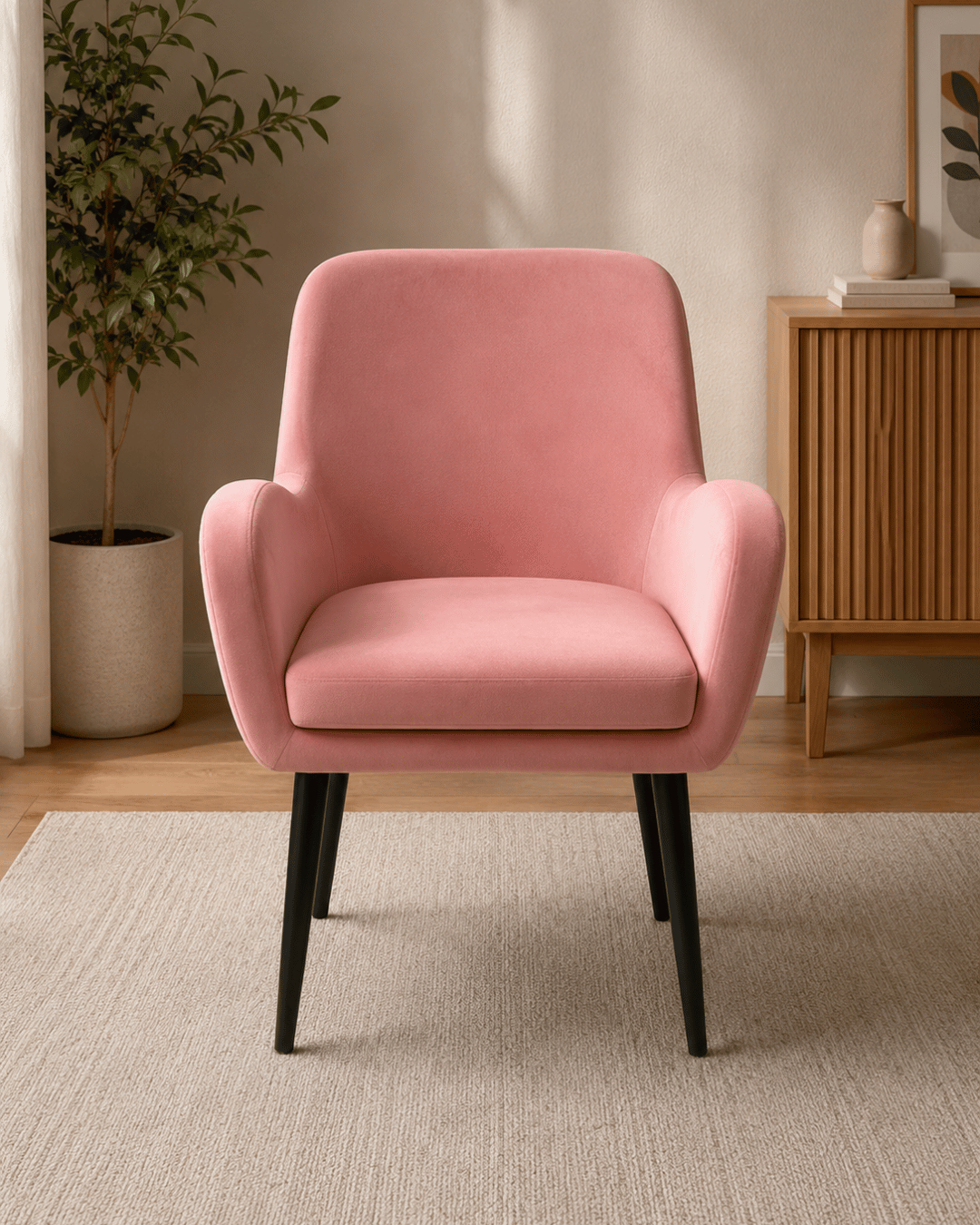 Blush Pink Velvet Accent Chair with Winged Arms - Black Tapered Legs