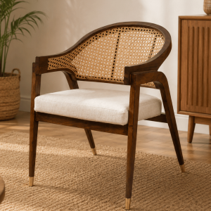 Walnut Cane Rattan Accent Chair with Curved Backrest - Wooden Armchair