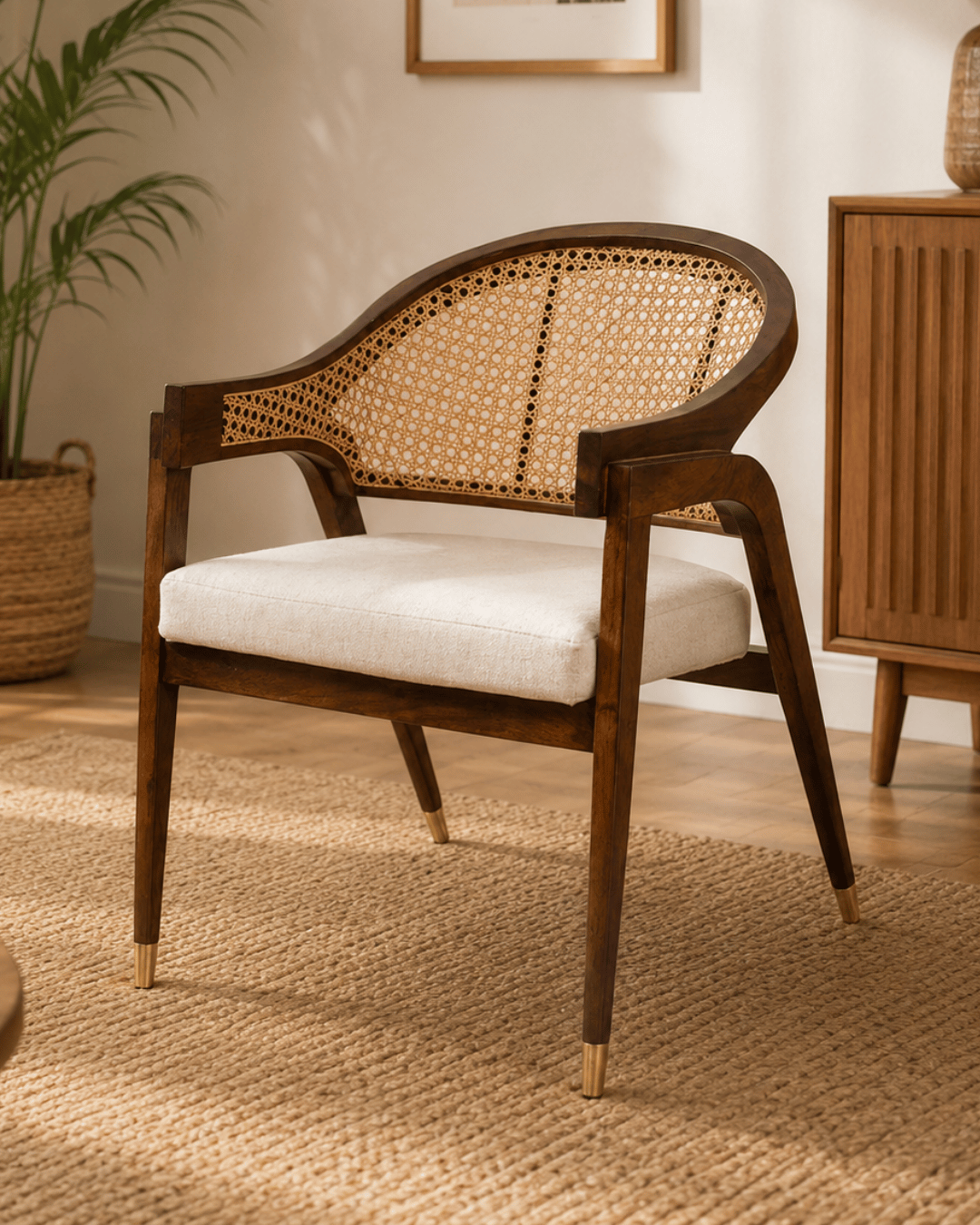 Walnut Cane Rattan Accent Chair with Curved Backrest - Wooden Armchair