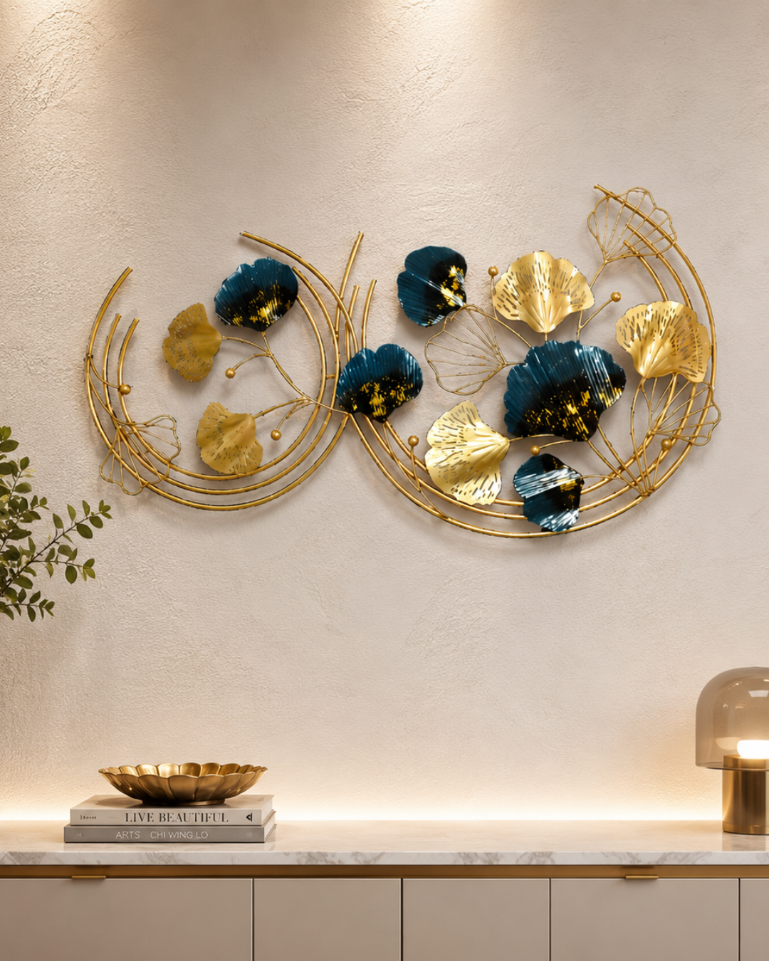 Golden Ginkgo Leaf Wall Art - Blue & Gold Metal Infinity Wall Sculpture