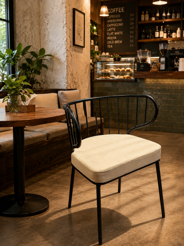 Modern Black Metal Armchair with Cream Cushion