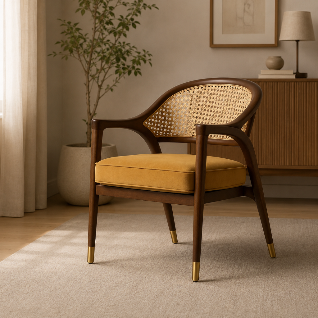 Wooden Cane Accent Chair with Mustard Cushion