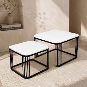 Square White Top Nesting Side Tables with Black Wire Metal Frame (Set of 2)