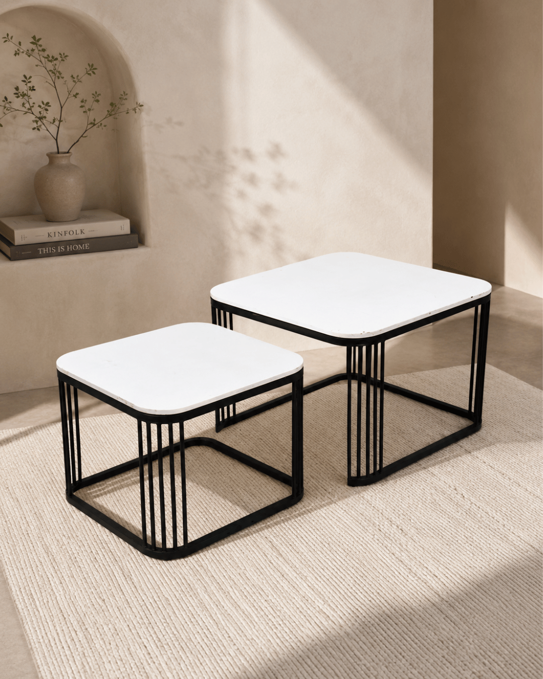 Square White Top Nesting Side Tables with Black Wire Metal Frame (Set of 2)
