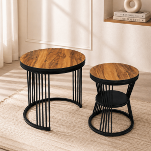 Round Wood Top Nesting Side Tables with Black Spindle Legs (Set of 2)