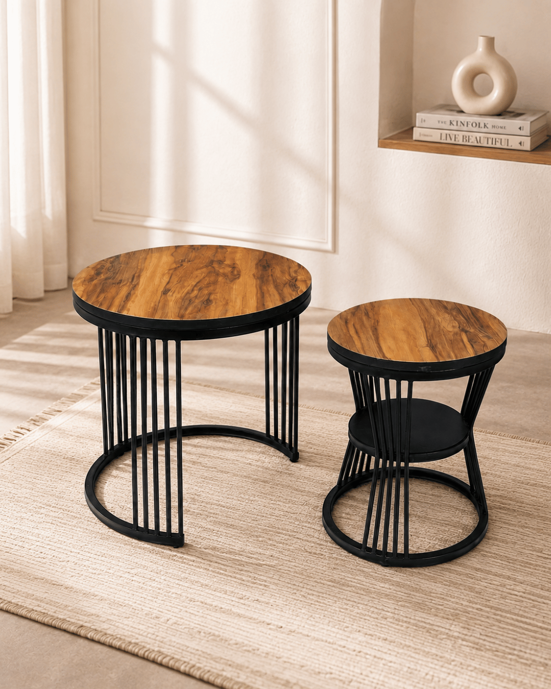Round Wood Top Nesting Side Tables with Black Spindle Legs (Set of 2)