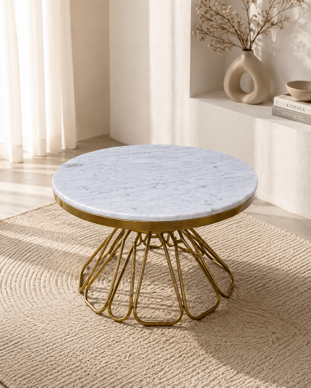 Round Marble-Top Side Table with Gold Wire Spider-Leg Base