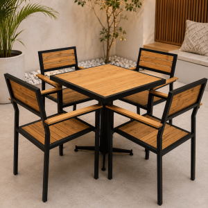 Outdoor Wood-Slat Dining Table with Black Metal Frame & 4 Armchairs