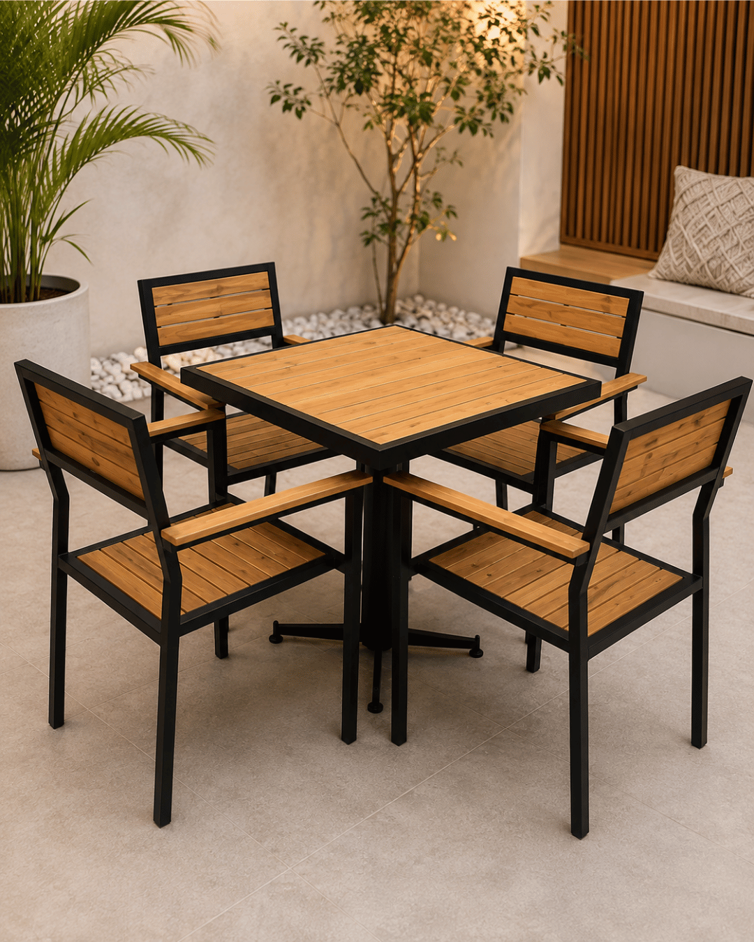 Outdoor Wood-Slat Dining Table with Black Metal Frame & 4 Armchairs