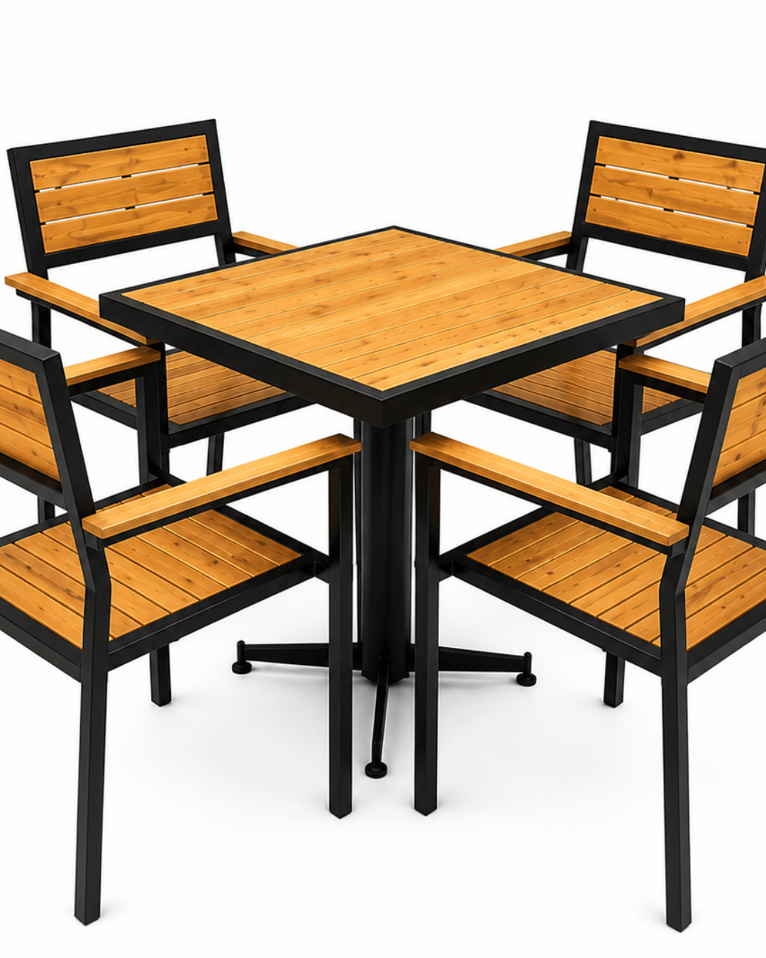 Outdoor Wood-Slat Dining Table with Black Metal Frame & 4 Armchairs - Image 3