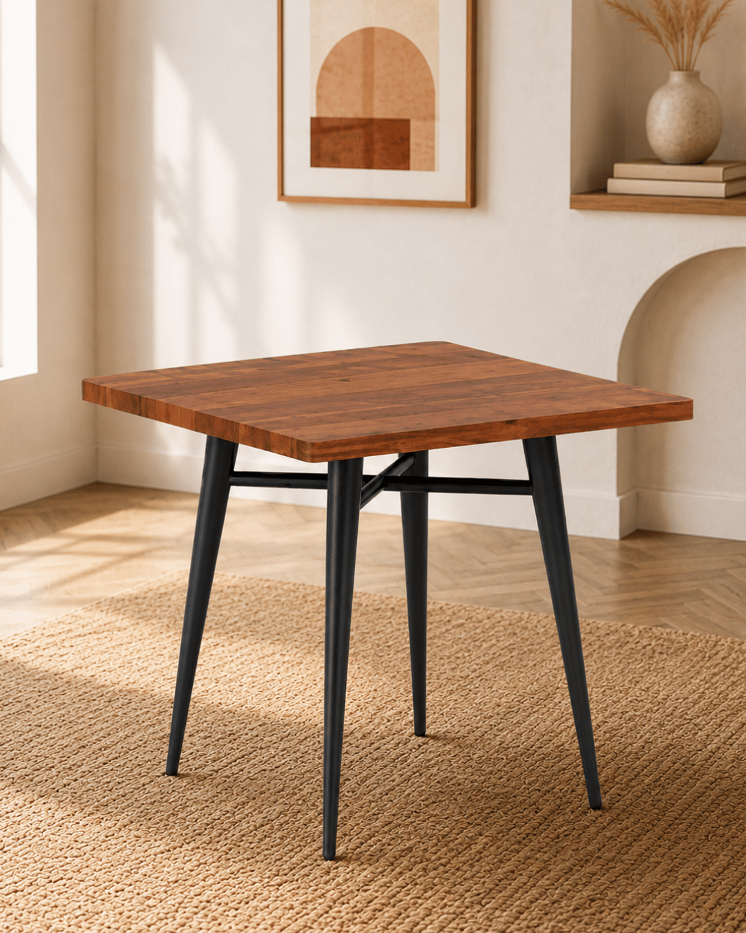 Square Solid Wood Dining Table with Black Tapered Metal Legs
