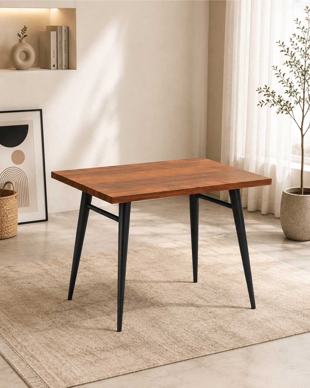 Rectangular Solid Wood Dining Table with Black Tapered Metal Legs