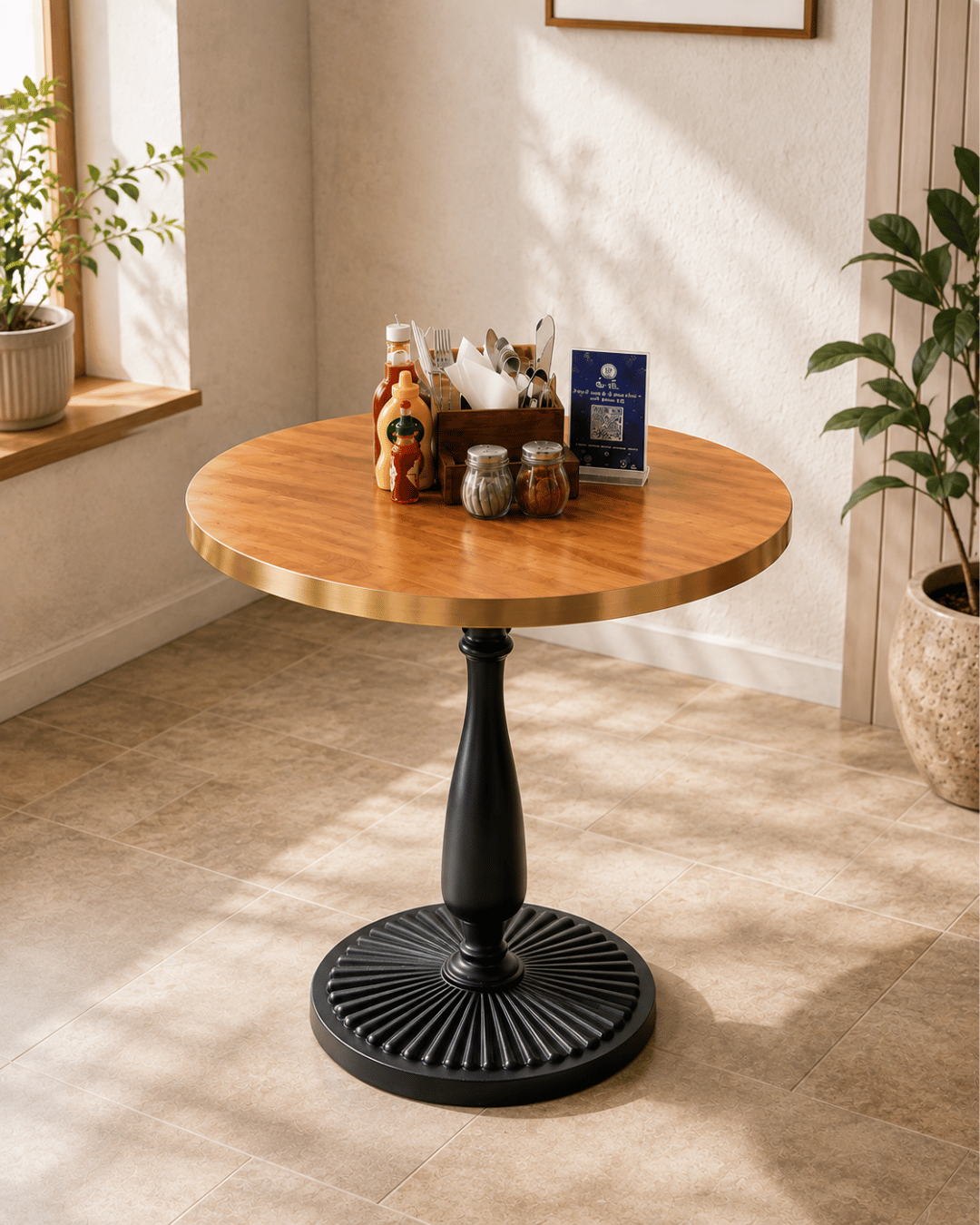 Round Wood Top Bistro Table with Black Turned Pedestal Base