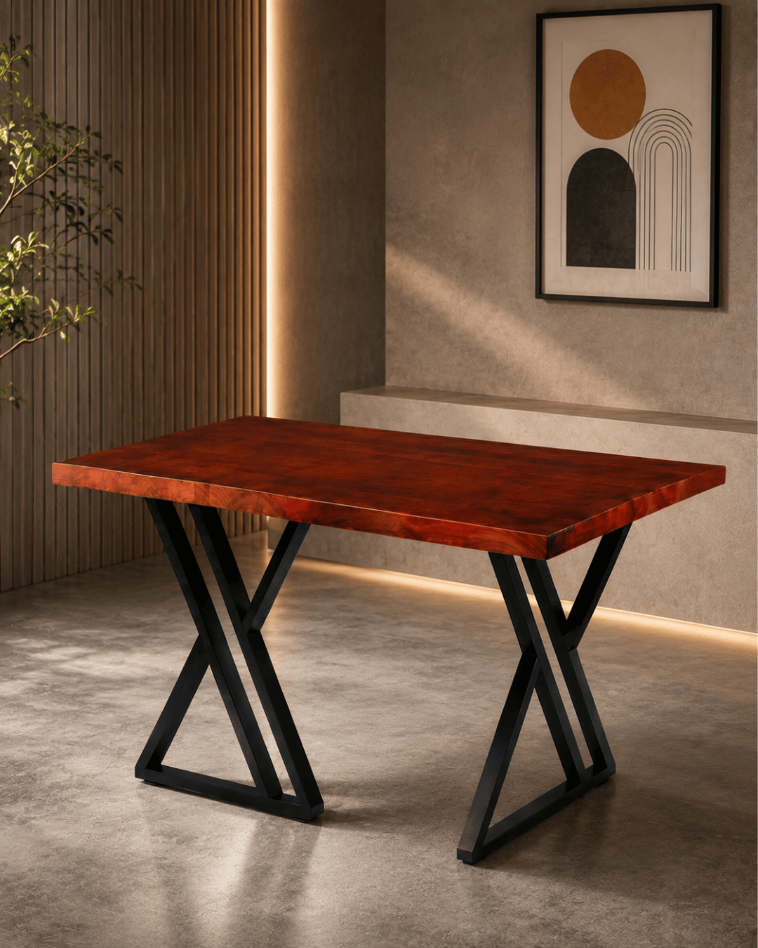 Solid Wood Dining Table with Black X-Frame Metal Legs