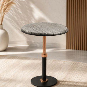 Round Marble-Top Side Table with Copper & Black Metal Pedestal Base