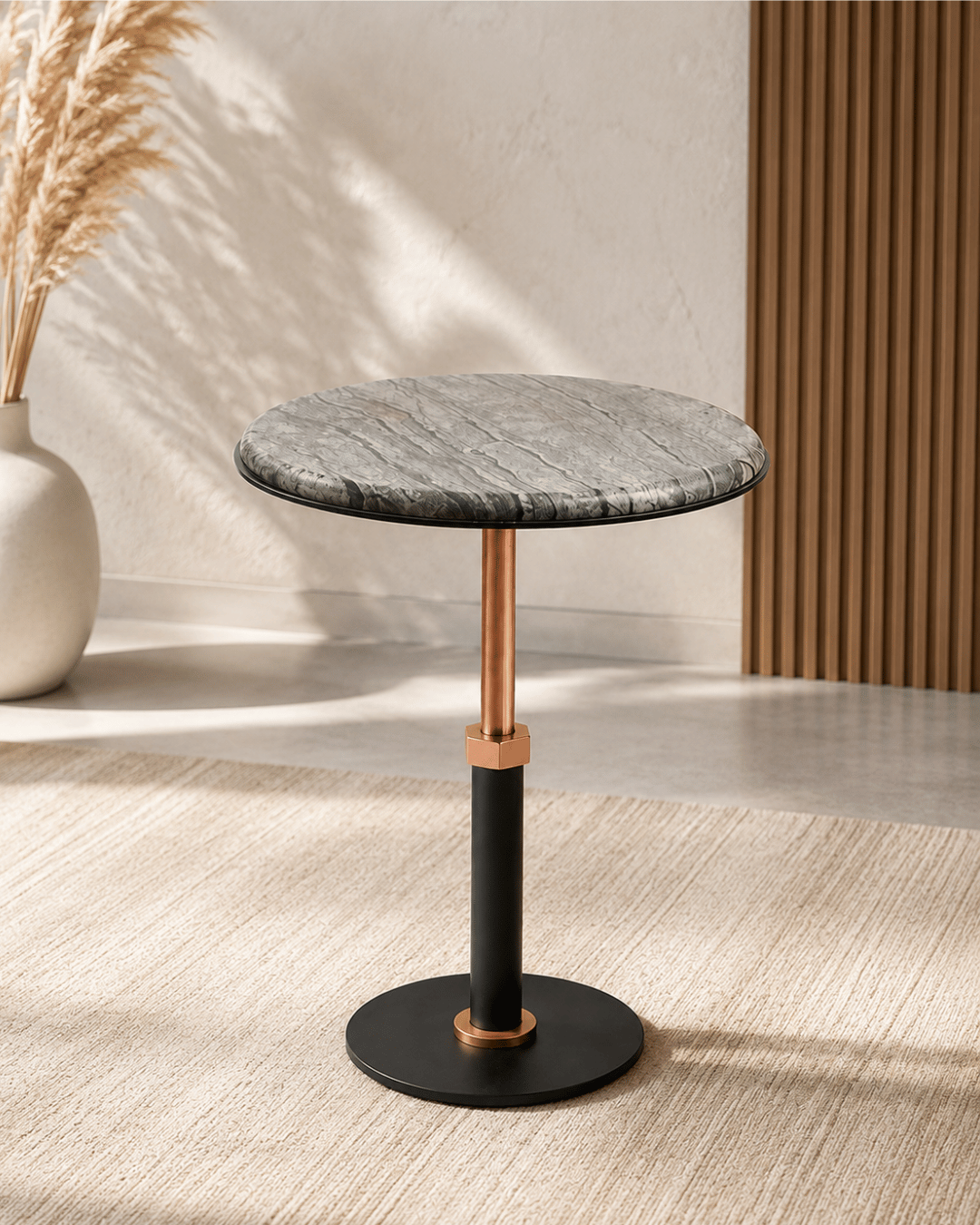 Round Marble-Top Side Table with Copper & Black Metal Pedestal Base