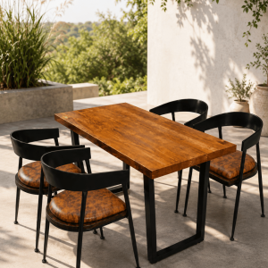 Solid Wood Dining Table with Black Metal Legs & 4 Leather-Cushioned Chairs