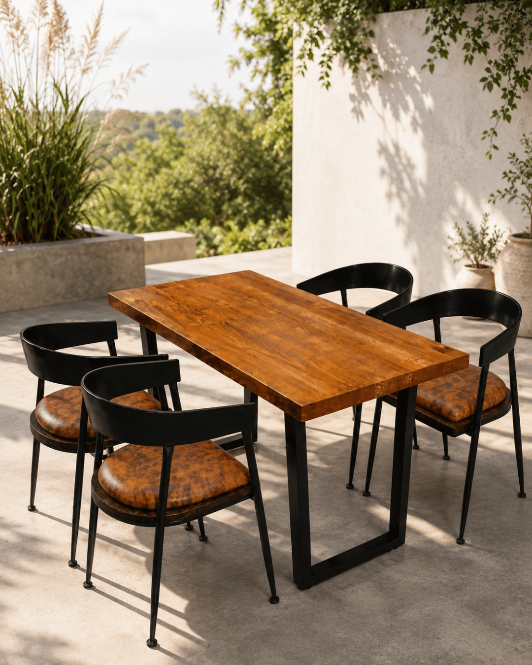 Solid Wood Dining Table with Black Metal Legs & 4 Leather-Cushioned Chairs