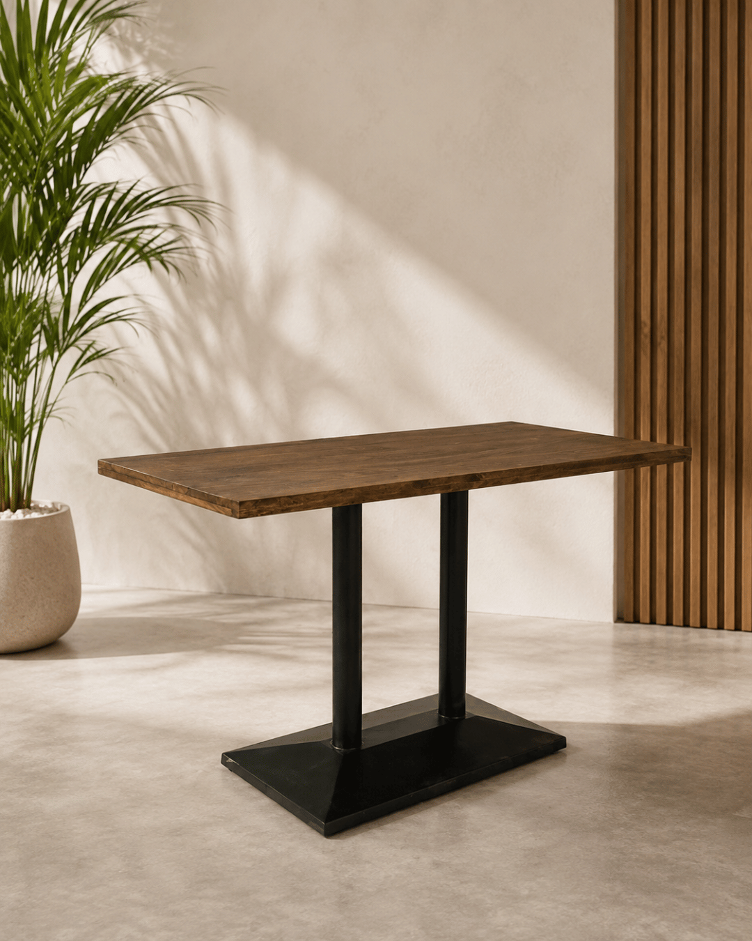 Reclaimed Wood Dining Table with Rectangular Double-Pedestal Metal Base