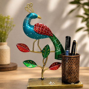 Peacock on Branch Pen Holder | Handpainted Metal Desk Organizer Showpiece