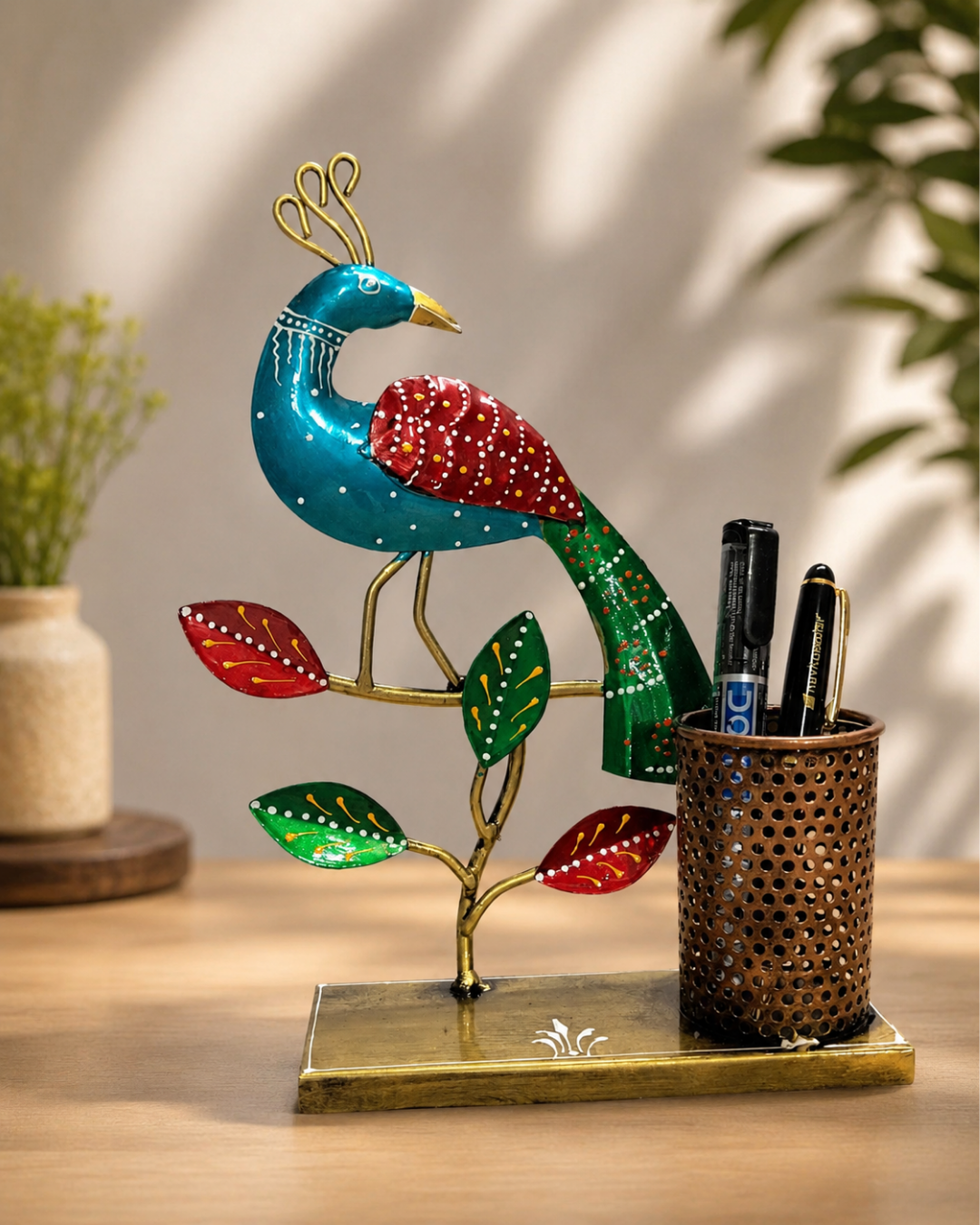 Peacock on Branch Pen Holder | Handpainted Metal Desk Organizer Showpiece
