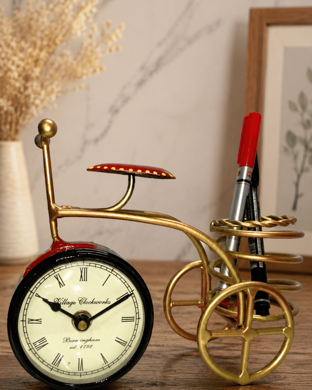 Vintage Bicycle Table Clock with Pen Holder