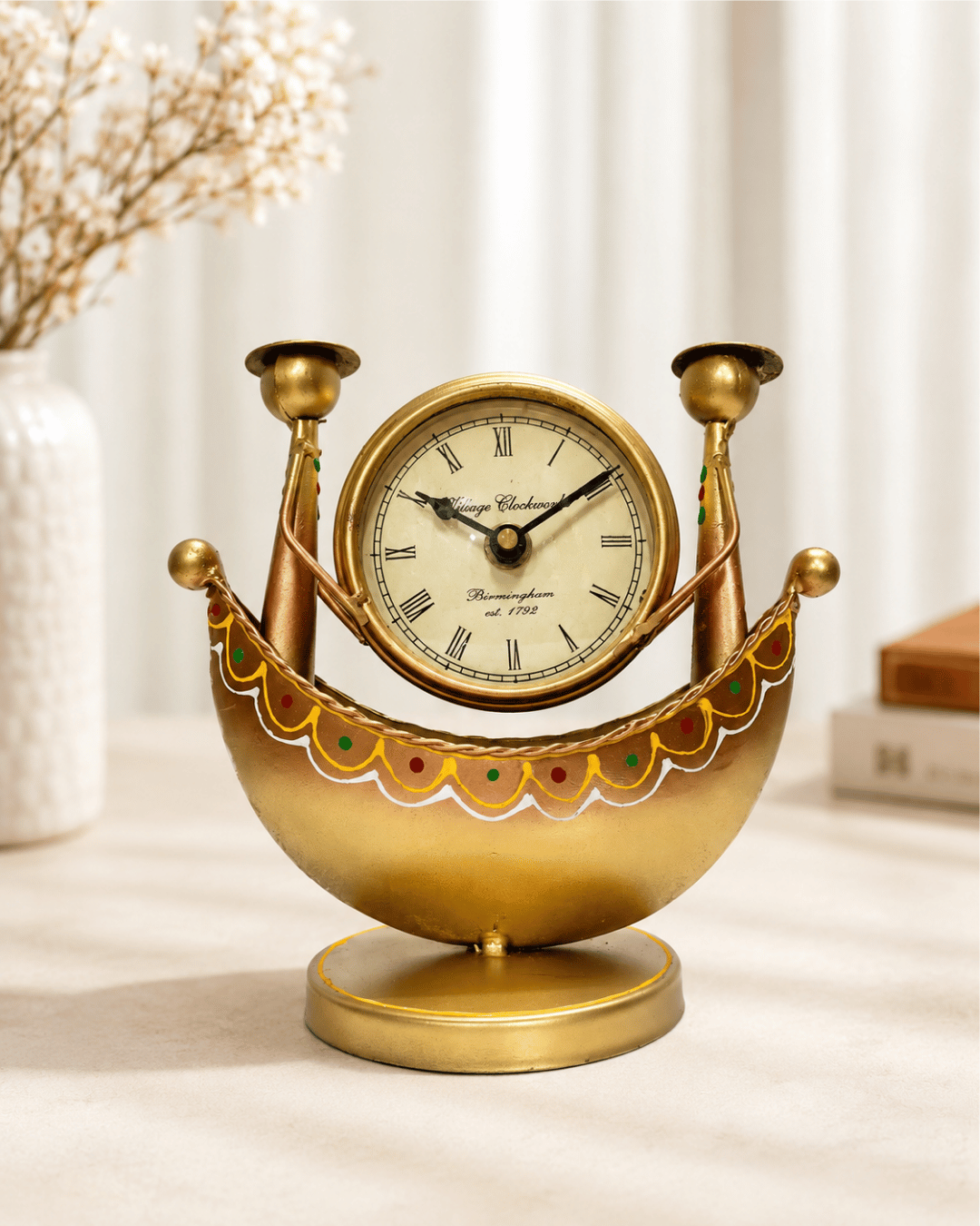 Golden Boat Table Clock, Twin Finial