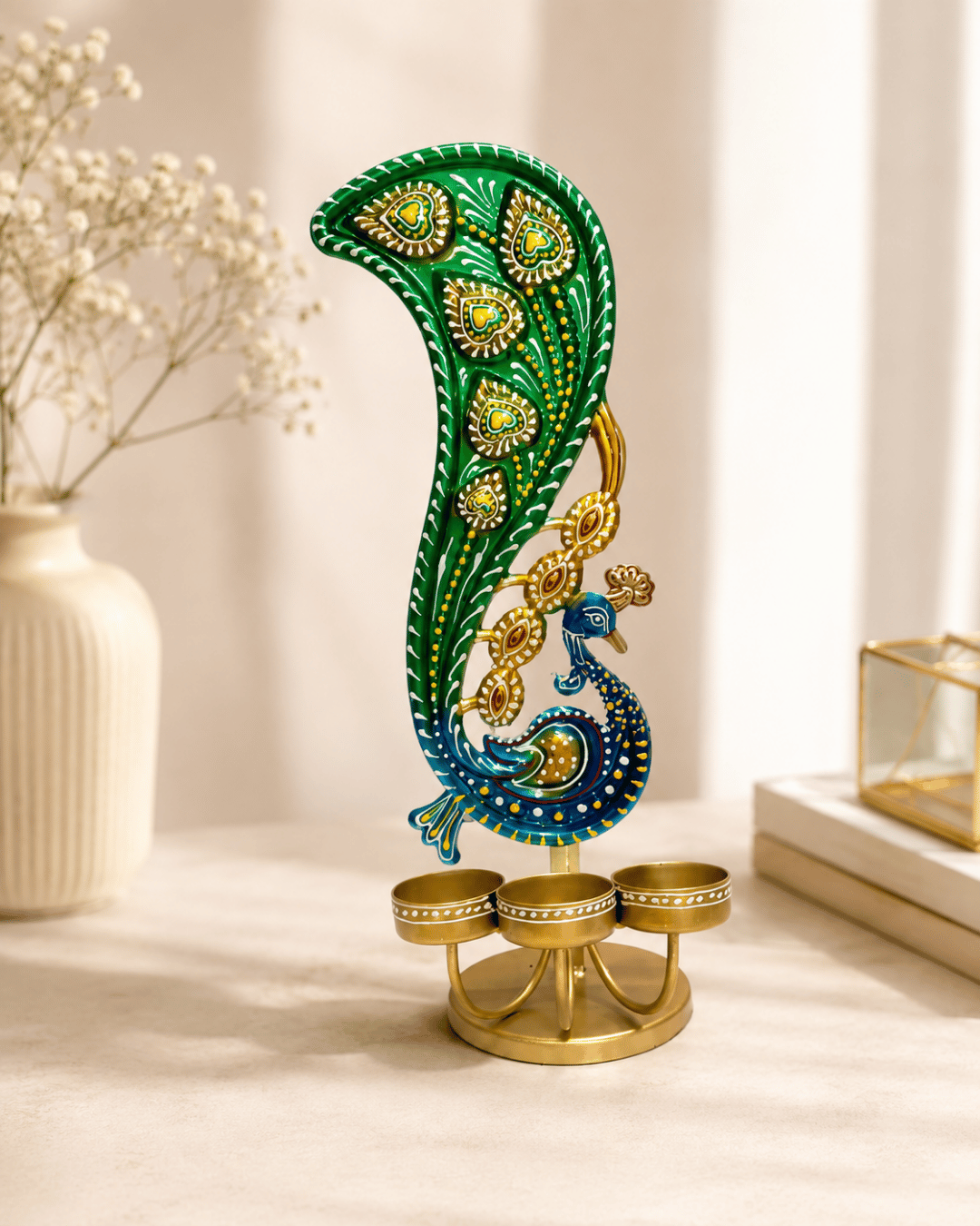 Green Peacock Triple Tea-Light Holder