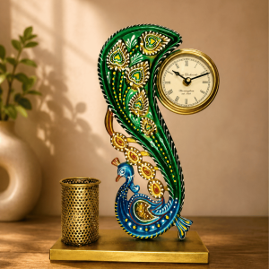 Peacock Table Clock with Pen Holder