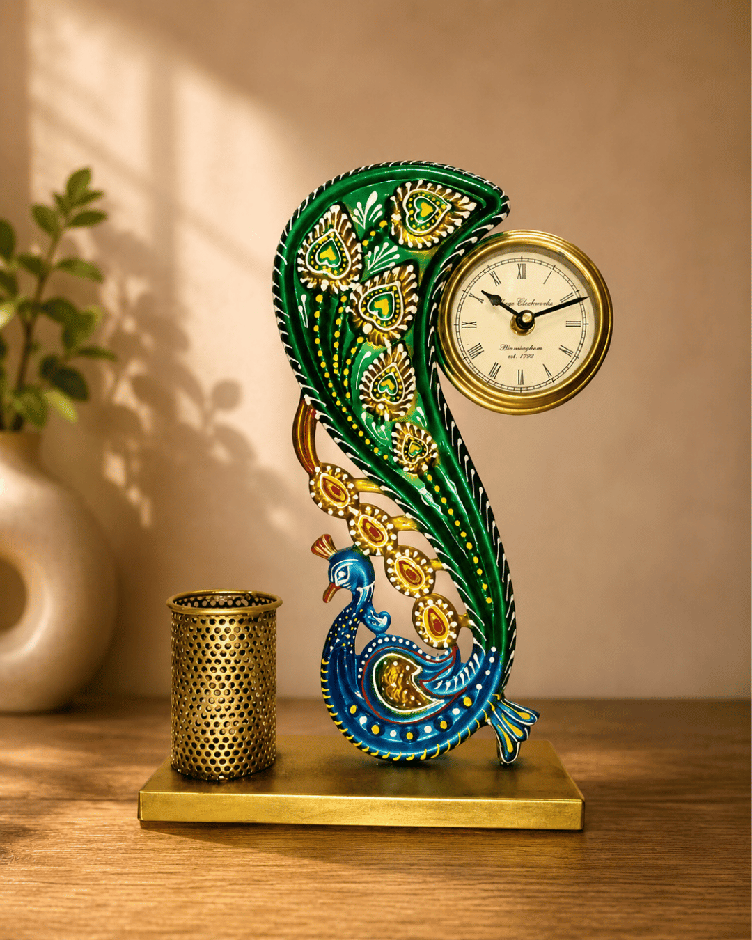 Peacock Table Clock with Pen Holder