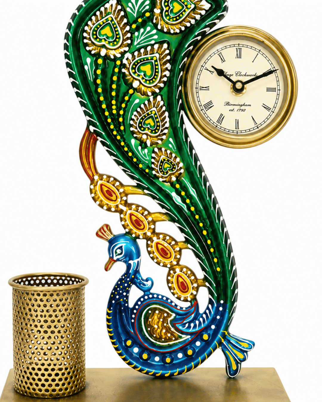 Peacock Table Clock with Pen Holder - Image 3
