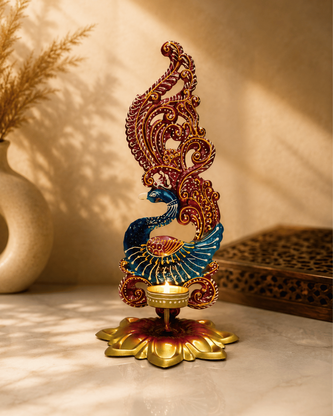Maroon & Gold Ornate Peacock Tea-Light Holder