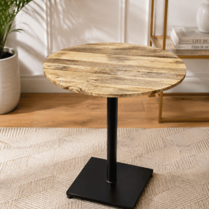 Round Mango Wood Top Side Table with Black Metal Pedestal Base