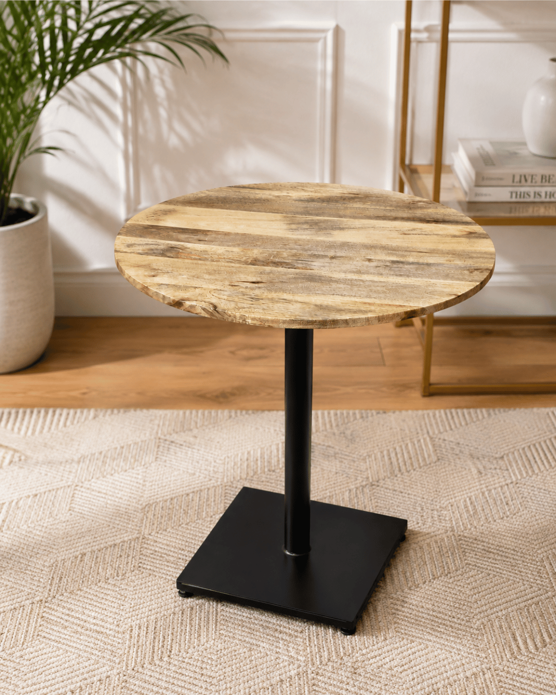 Round Mango Wood Top Side Table with Black Metal Pedestal Base