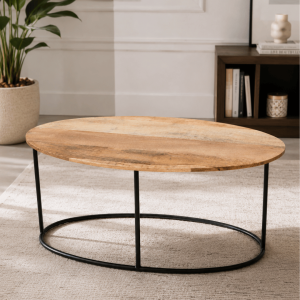 Oval Mango Wood Coffee Table with Round Black Metal Base