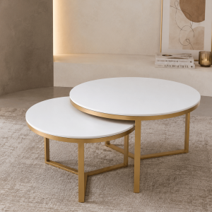 Round White Top Nesting Coffee Tables with Gold Metal Frame (Set of 2)