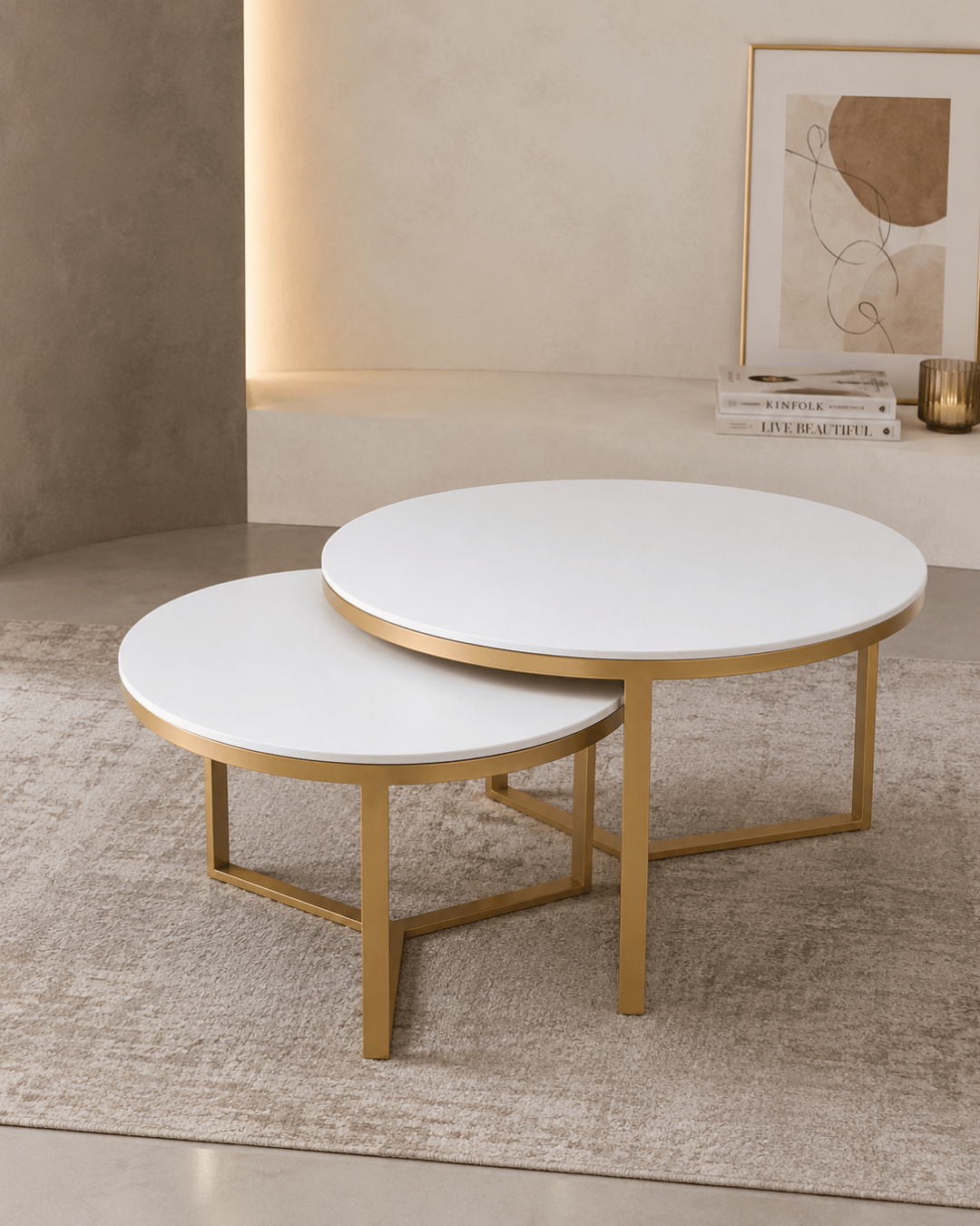 Round White Top Nesting Coffee Tables with Gold Metal Frame (Set of 2)